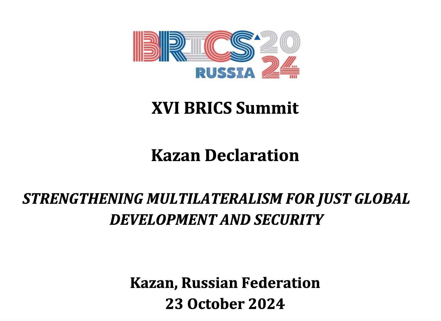 Déclaration finale Sommet BRICS Kazan 2024 (DOC PDF)